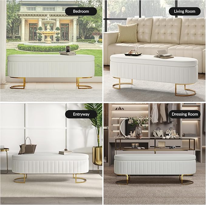 EcoHarbor Living 55.5" Storage Bench Ottoman End of Bed Bench Bedroom Bench, Upholstered Velvet Long Window Bench Large King Size with Gold Legs, Flipping Lid Entryway Footrest