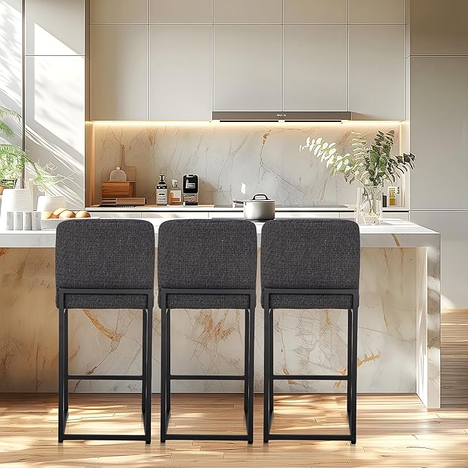 ALPHA HOME 24" Bar Stools Set of 4 Kitchen Counter Stools with Back, Counter Height Stools with Upholstered Footrest for Kitchen Island, Metal Steel Frame, Chenille, Darkgray