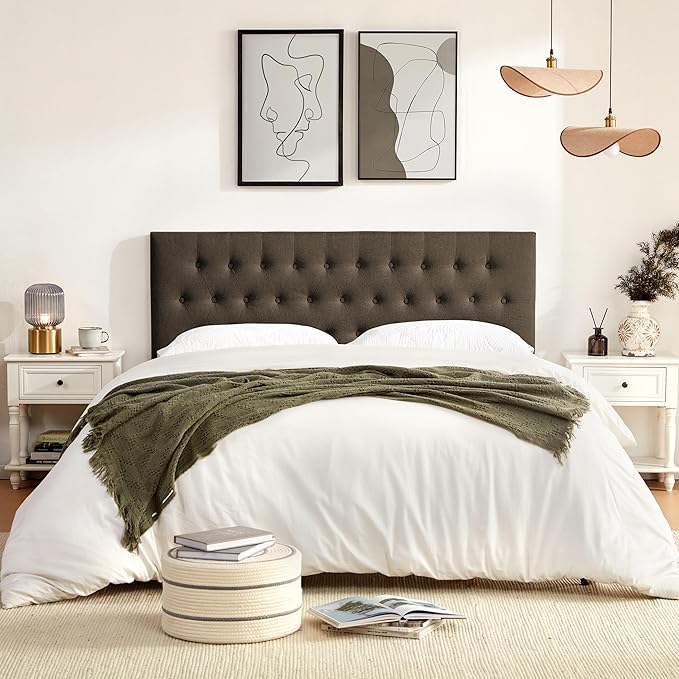 Tufted Upholstered Headboard King Size, Solid Wood Head Board with Durable Metal Legs, Adjustable Height Bed headboard from 37” to 51” Fabric Headboard in Modern Button Design, Chocolate