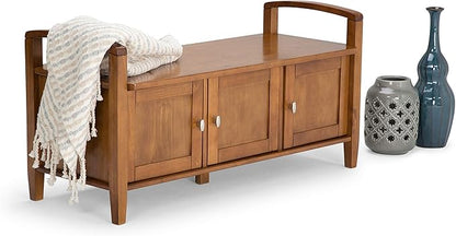 SIMPLIHOME Warm Shaker Entryway Storage Bench - 44 inch Wide Solid Wood Storage Seat in Light Golden Brown, Transitional Bench Seat for Mudroom or Living Room with Lift-Up Lid and Shaker-Style Panels