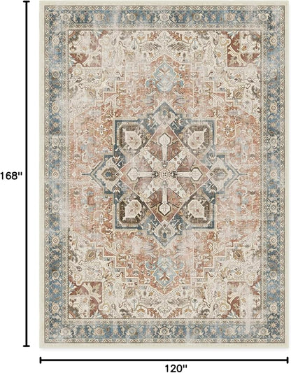 RUGGABLE Washable Vintage Area Rug – Kamran Coral 10x14, Stain-Resistant, Non-Slip – Large Machine Washable Rugs for Living Room, Bedroom, Hallway, Entryway & Office–with Cushioned Pad