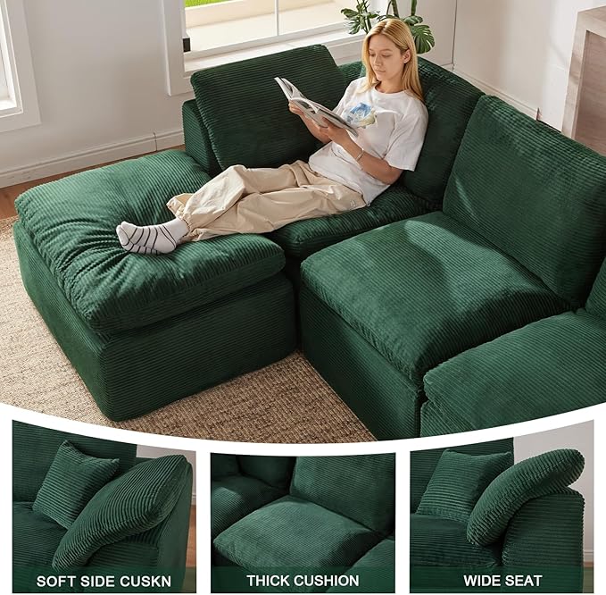 112" Cloud Sectional Couch, Boneless couches for Living Room, L Shaped Couch with Convertible Ottoman, Modular Sectional Sofa with Deep Seat, Comfy Soft Cushions, No Assembly, Green