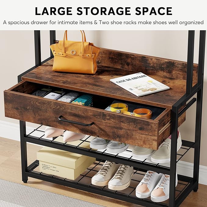 Tribesigns 3-in-1 Entryway Hall Tree with Drawer, Vintage Industrial Coat Rack with Shoe Bench and Hutch, Mudroom Bench with Shoe Storage Rack and 9 Hooks for Living Room Bedroom (Brown)