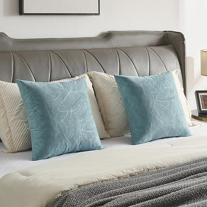 FUTEI Grey Blue Velvet Throw Pillow Covers 20x20 Inch Set of 2,Soft Embossed Leaf-Relief Textured Cushion Cases,Natural Home Decor for Couch Living Room