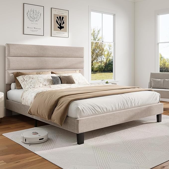 AMERLIFE Full Bed Frame with Linen Upholstered Headboard, Modern Platform Bed with Wooden Slats Support, Noise-Free, No Box Spring Needed, Easy Assembly, Beige