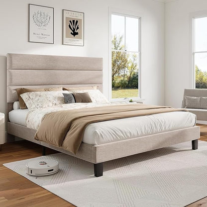 AMERLIFE Full Bed Frame with Linen Upholstered Headboard, Modern Platform Bed with Wooden Slats Support, Noise-Free, No Box Spring Needed, Easy Assembly, Beige