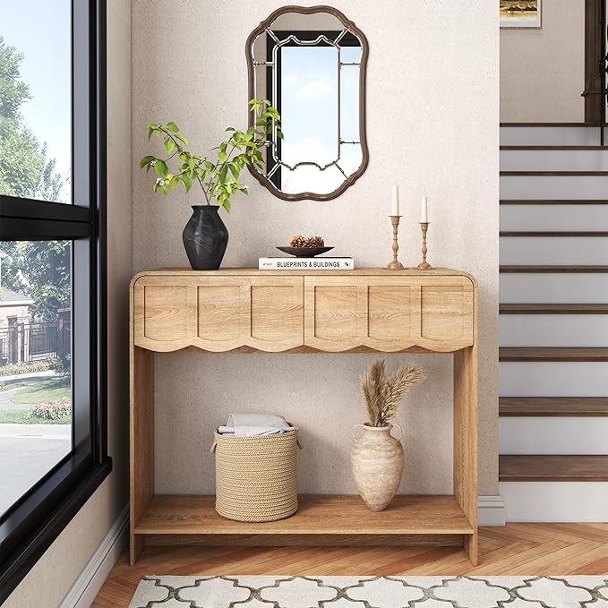 Console Table with 2 Drawers, Mid-Century Modern 42" Entryway Table with Open Storage Shelves, Sofa Table Behind Couch for Living Room, Hallway, Natural