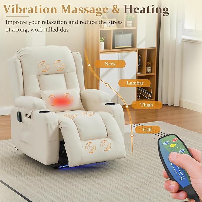 URRED Power Recliner Chair with Massage and Heat for Adults, Electric Reclining Sofa Home Theater Seating with Ambient Light, USB Ports, Cup Holders, Side Pockets, Pillow, Faux Leather (Beige)