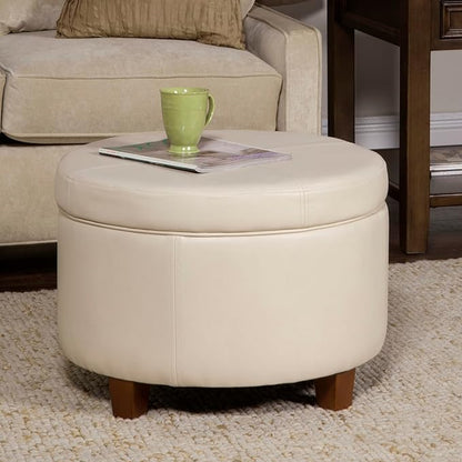 HomePop Large Leatherette Round Storage Ottoman with Removeable Lid, Cream Faux Leather
