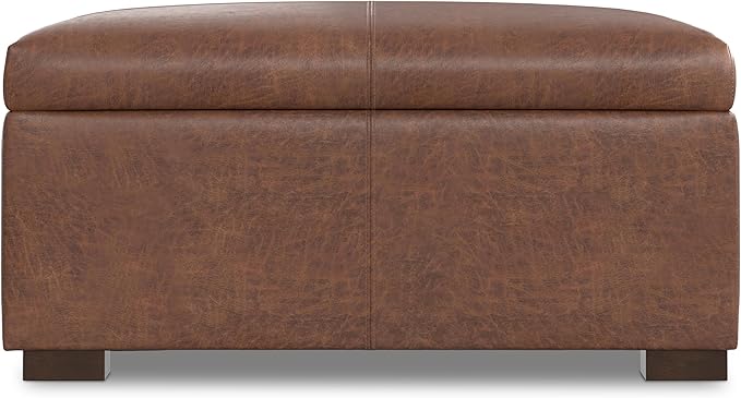 SIMPLIHOME Gabbie 36 inch Wide Contemporary Square Square Coffee Table Storage Ottoman in Distressed Saddle Brown Vegan Faux Leather, Assembled, for The Living Room, Entryway and Family Room