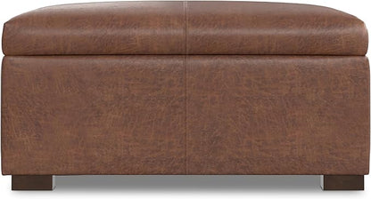 SIMPLIHOME Gabbie 36 inch Wide Contemporary Square Square Coffee Table Storage Ottoman in Distressed Saddle Brown Vegan Faux Leather, Assembled, for The Living Room, Entryway and Family Room