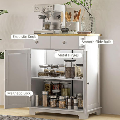 HOMCOM Sideboard with Solid Wood Countertop, Modern Kitchen Storage Cabinet, Coffee Bar Cabinet with 2 Drawers, Doors and Adjustable Shelf, Distressed White