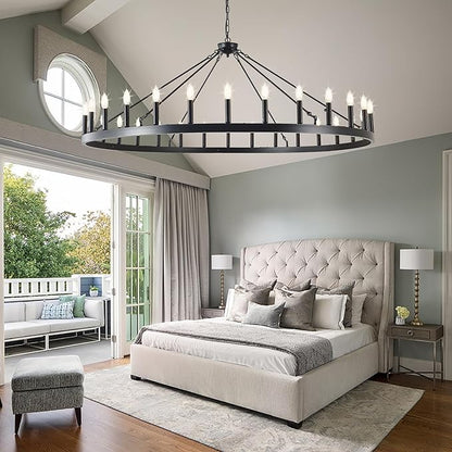 Large black wagon wheel chandelier 64 inch,30-Light Farmhouse wagon Wheel Chandeliers Round Industrial ceiling light fixtures for outdoor porch high ceilings Living Dining Room Foyer Entryway