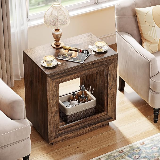 Tribesigns Rustic Wood End Table, 2 Tiered Square Side Table with Storage Shelf, Industrial Sofa Side Table for Living Room, Entrance (Rustic Brown) (1)
