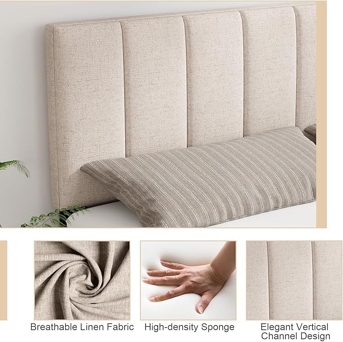 Giantex Linen Upholstered Headboard, Adjustable Width Vertical Channel Tufting Headboard Only with Solid Wood Legs, Attach Frame, Rectangular Headboards for Queen Full Bed, Beige