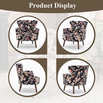 Floral Accent Chair, Upholstered Living Room Chairs with Solid Wood Legs, Mid Century Modern Velvet High Back Armchair for Living Room, Bedroom, Black