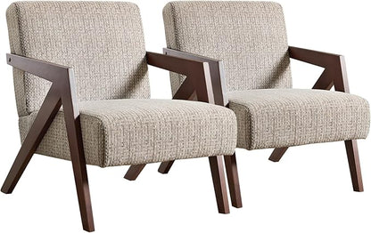 Bonzy Home Mid-Century Modern Accent Chair Set of 2 with Wood Frame, Upholstered Armchair for Bedroom & Living Room, Linen Fabric Cushion, Z-Shaped Armrest Design, Sturdy Lounge Chair,Brown