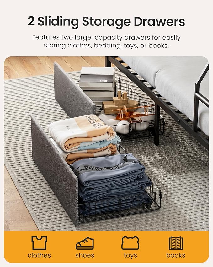 Bunk Beds Twin Over Full Size, Heavy Duty Bunk Beds with 2 Storage Drawers, Safety Guardrails & Padded Ladder, Twin Over Full Bunk Bed, No Box Spring Needed, Black