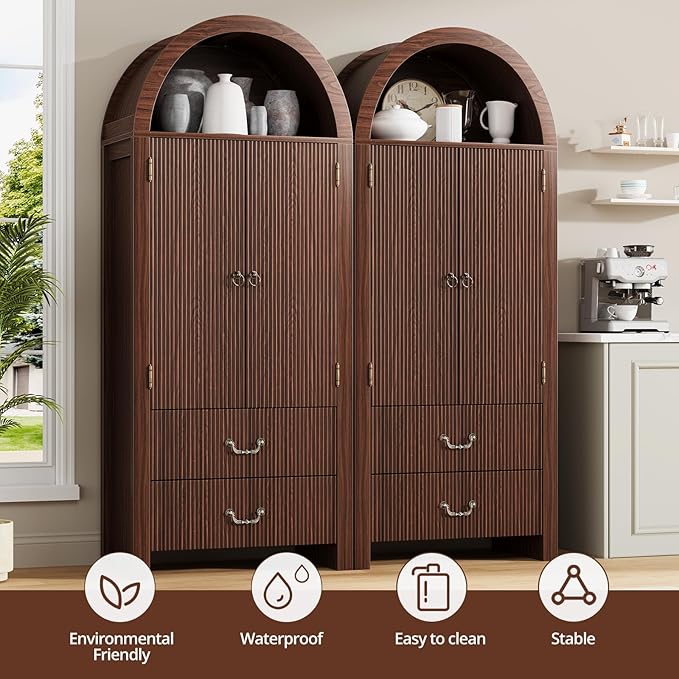 FURSUN 71" Tall Fluted Arched Bookshelf with Doors, Wood Pantry Storage Cabinet with 2 Large Drawers, Modern Versatile Bookcase for Living Room, Kitchen, Dining(Dark Walnut)
