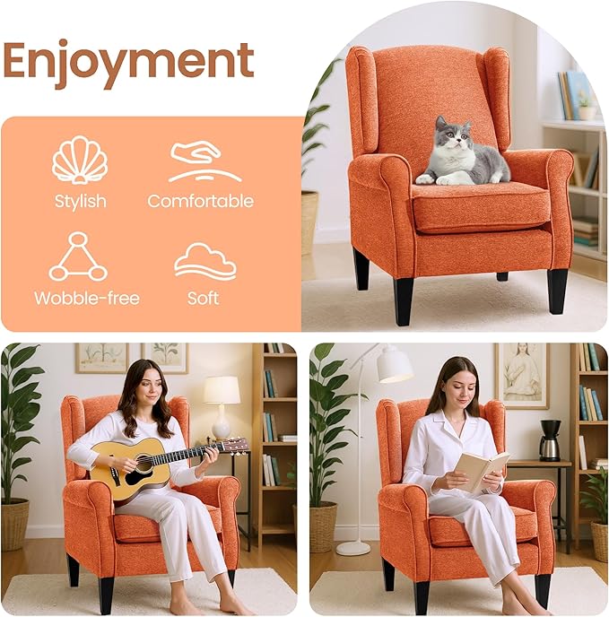 Accent Chair for Living Room, Vintage Orange Fabric Bedroom Corner Seats, Elegant English Armchairs with High Back, Modern Living Room Reading Wing Chair, Sillones para Sala