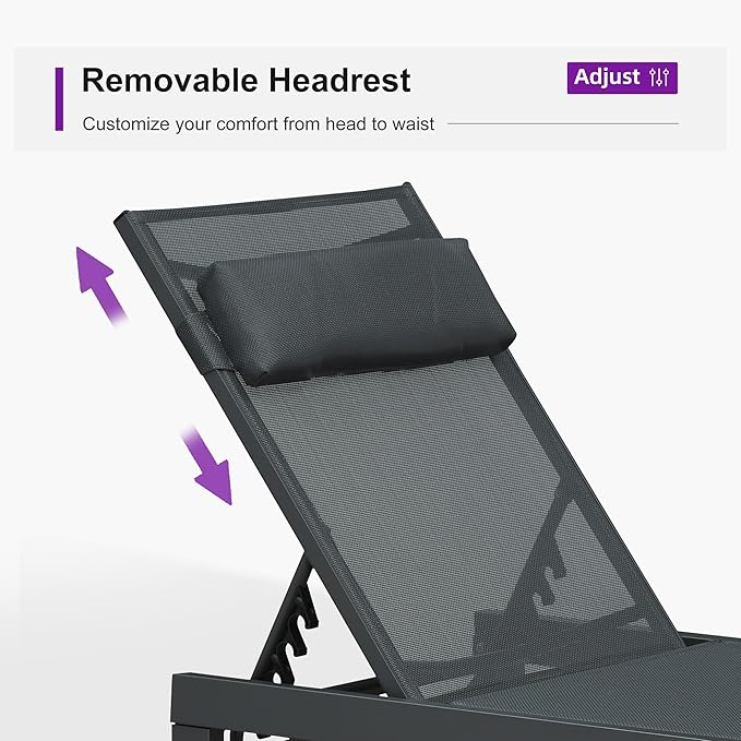 PURPLE LEAF Patio Lounge Chair Set of 3 Outdoor Chaise Lounger Aluminum Frame with Side Table and Wheels for Pool Outside Sunbathing Tanning Recliner Including Pillows Gray