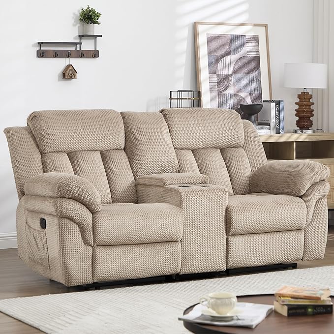 CANMOV Recliner Sofa Set, Manual Recliner Loveseat with Overstuffed Armrest for Living Room,Bedroom Furniture,Office,2 Seat Light Brown