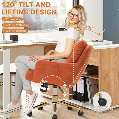 Velvet Office Chair, Comfy Home Office Desk Chairs with Lumbar Support, Modern Velvet Desk Chair Gold Legs Small Swivel Task Chair for Home Office, Bedroom, Study (Orange, L)
