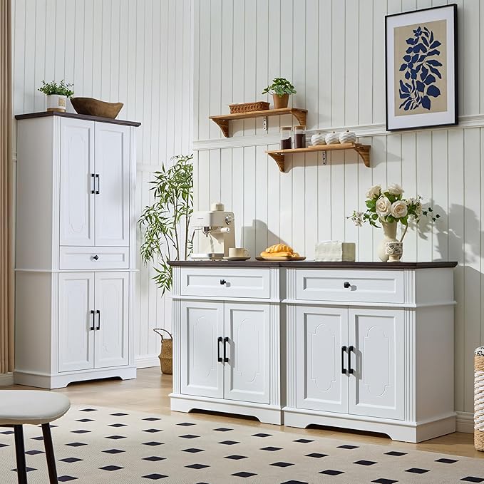 71" White Tall Pantry Cabinet with Drawer and Adjustable Shelves, Modern Storage Cabinet with Doors, Kitchen Buffet Cabinet, Food Pantry Storage Cabinet, Coffee Bar, Living Room and Dining Room