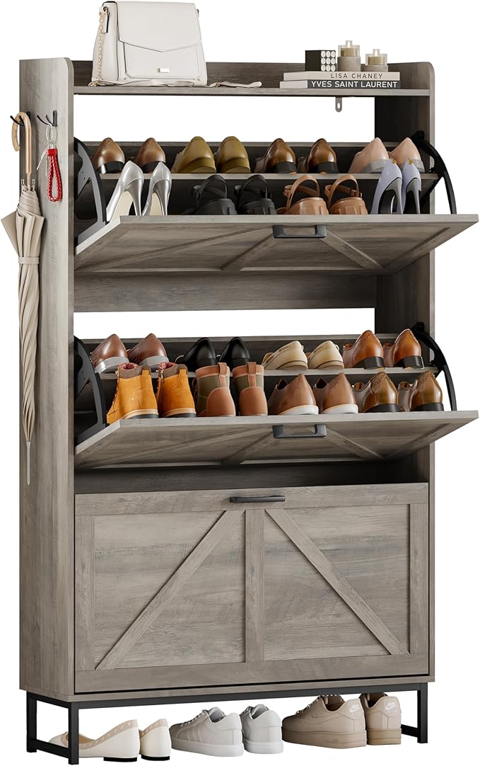 Shoe Cabinet Storage for Entryway, Shoe Storage Cabinet with 3 Flip Drawers, Freestanding Narrow Shoe Rack Organizer with Metal Legs & Side Hook for Foyer, Hallway, Grey