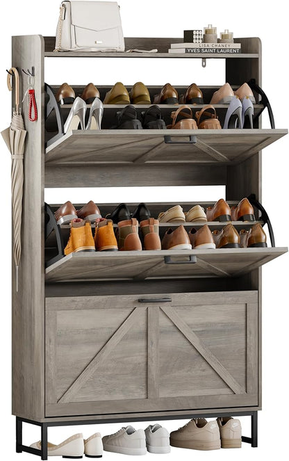 Shoe Cabinet Storage for Entryway, Shoe Storage Cabinet with 3 Flip Drawers, Freestanding Narrow Shoe Rack Organizer with Metal Legs & Side Hook for Foyer, Hallway, Grey