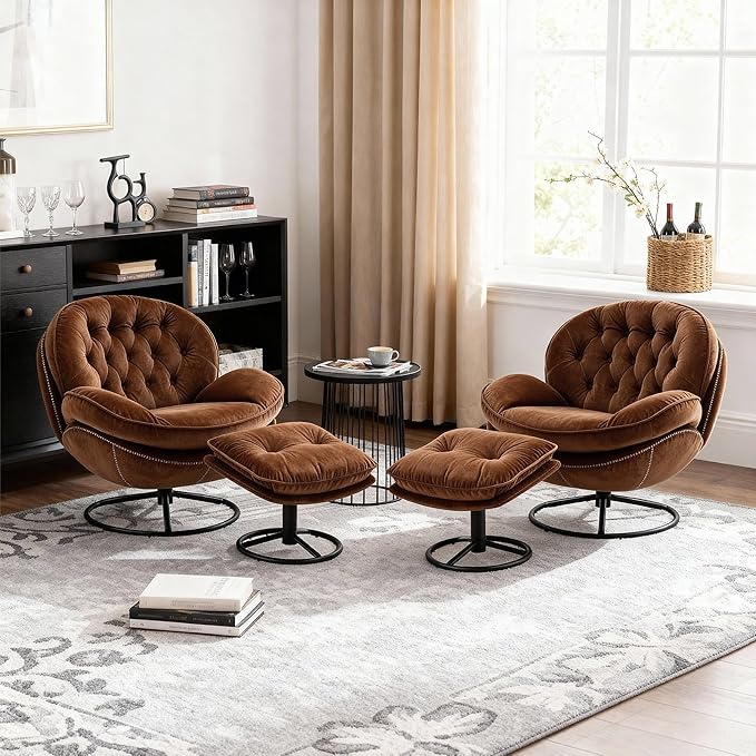 Set of 2 360° Swivel Modern Velvet Accent Chair with Ottoman | Mid-Century Button Tufted Lounge Chair for Living Room & Bedroom, Brown