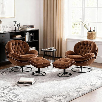 Set of 2 360° Swivel Modern Velvet Accent Chair with Ottoman | Mid-Century Button Tufted Lounge Chair for Living Room & Bedroom, Brown