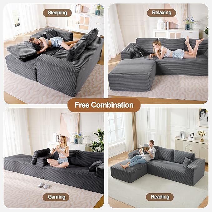 106" Cloud Modular Sectional Sofa Couch with L-Shape Chaise,Modern Boneless Sectional Couch with Deep Seat,Upholstered Couches for Living Room Bedroom,No Assembly Required,Dark Grey