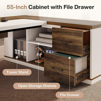 Tribesigns 78.7" L-Shaped Executive Desk, Modern Office Desk with 55.1" Storage Cabinet, Large Computer Table with Drawers and Shelves, Business Furniture Workstation for Home Office, Brown & White