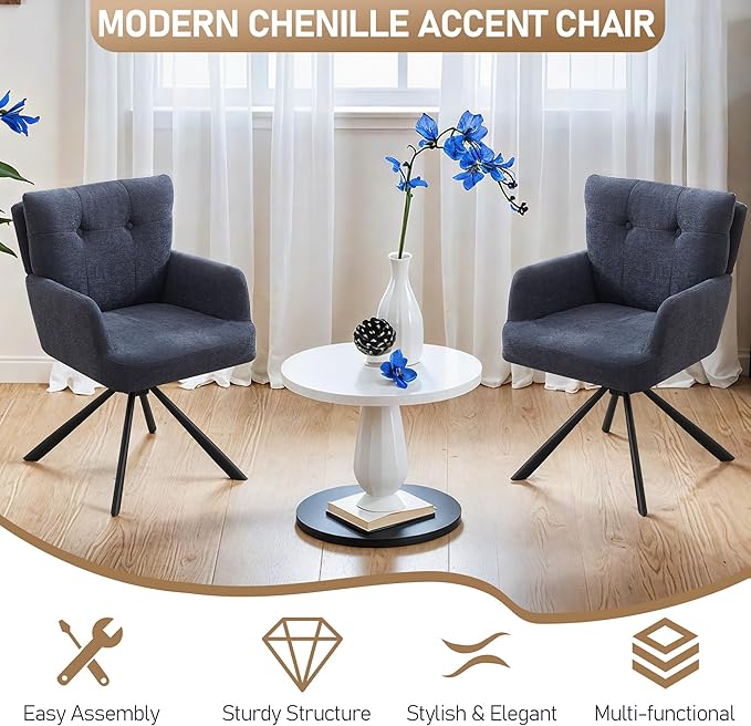 Fabric Dining Chair Modern Upholstered Swivel Dining Room Chairs Comfy Accent Armchair with Mid Back, Desk Arm Chair No Wheels for Kitchen/Living Room/Dining Room, Navy