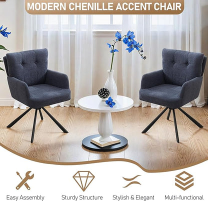 Fabric Dining Chair Modern Upholstered Swivel Dining Room Chairs Comfy Accent Armchair with Mid Back, Desk Arm Chair No Wheels for Kitchen/Living Room/Dining Room, Navy