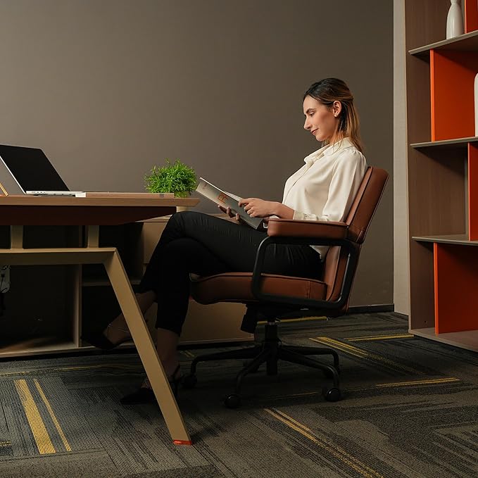 Brown Office Chair, Modern Leather Desk Chair with Wheels and Arms, Adjustable Height, Comfy Wide Desk Chair with Lumbar Support