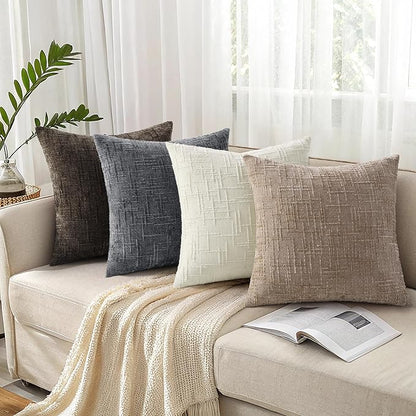 decorUhome Fall Oatmeal Chenille Throw Pillow Covers 18x18 Set of 2 Thick Textured Slubby Couch Pillow Covers Farmhouse Accent Modern Neutral Decorative Pillow Cases for Bed Sofa Living Room