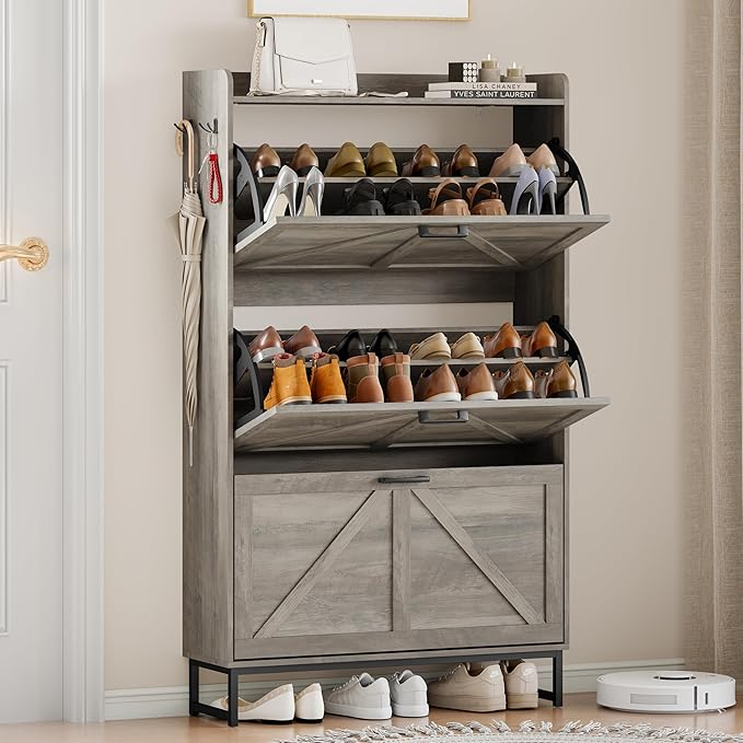 Shoe Cabinet Storage for Entryway, Shoe Storage Cabinet with 3 Flip Drawers, Freestanding Narrow Shoe Rack Organizer with Metal Legs & Side Hook for Foyer, Hallway, Grey