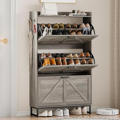 Shoe Cabinet Storage for Entryway, Shoe Storage Cabinet with 3 Flip Drawers, Freestanding Narrow Shoe Rack Organizer with Metal Legs & Side Hook for Foyer, Hallway, Grey
