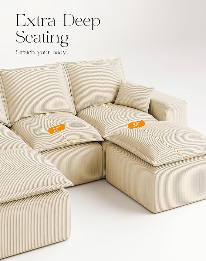 107" Comfy Cloud Couch with U-Shape Chaise & Deep Seat, Modular Sectional Sofa in a Box, Boneless Upholstered Couches for Living Room, No Assembly Required (Soft Corduroy, Beige)