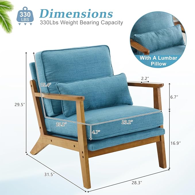 VINGLI Solid Wood Wide Armrests Accent Chair Set of 2,Upholstered Mid Century Modern Chair with Pillow,Comfy Reading Chair,Chairs Living Room,Bedroom,Guest Room,Linen Fabric,Navy Blue
