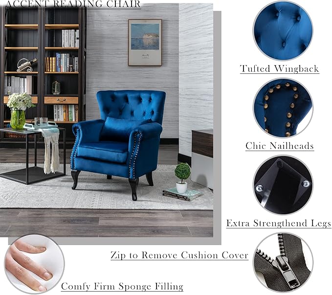 Mid Century Modern Accent Chair Upholstered Armchair Comfy Velvet Fabric Single Sofa with Tufted Wingback for Small Spaces Bedroom Living Room, Blue