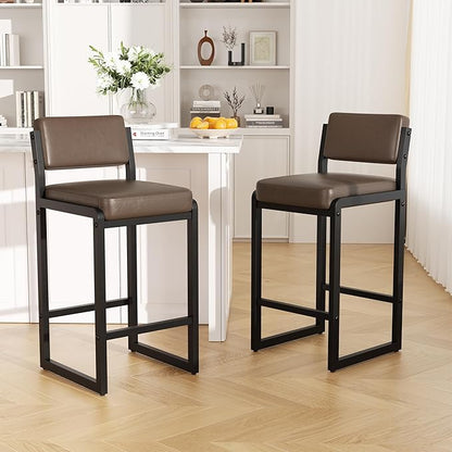 Bar Stools, Faux Leather Counter Height Bar Stools with High Back and Metal Legs, Upholstered Bar Chairs, 26" Modern Barstools for Kitchen Island, Dark Brown