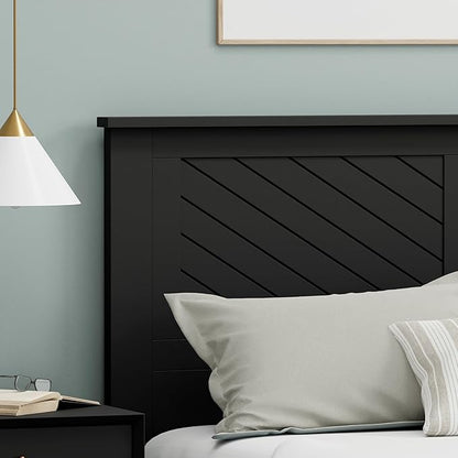 Serene Poplar Wood Full Size Headboard in Black, Modern Farmhouse Panel with Chevron Scoring, Casual Coastal Style, Easy Assembly, Quality Materials