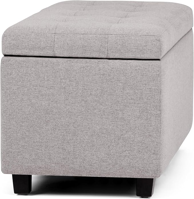 SIMPLIHOME Cosmopolitan 34 inch Wide Transitional Rectangle Storage Ottoman in Cloud Grey Linen Look Fabric, Assembled, For the Living Room, Entryway and Family Room