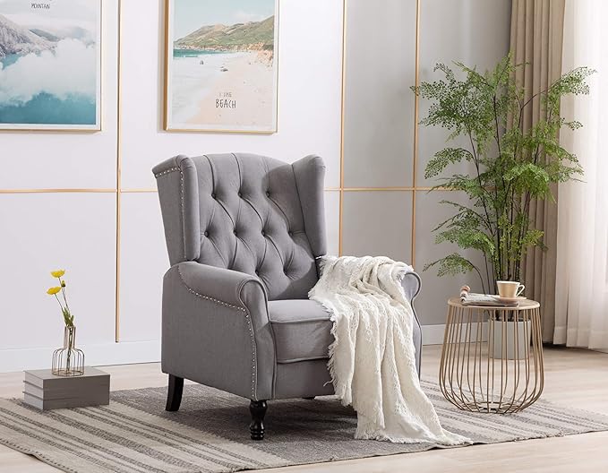 Artechworks Winged Fabric Modern Accent Chair Tufted Arm Club Chair Linen Single Sofa with Wooden Legs Comfy Upholstered for Reading Living Room Bedroom Office,Grey