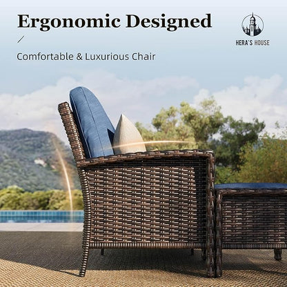 HERA'S HOUSE Oversized Patio Wicker Chairs, High Back Outdoor Swivel Chairs Set of 2 with Rattan Side Table, 5.5" Thick Cushions, 3-Piece Patio Furniture Sets for Deck Porch Pool, Brown/Blue