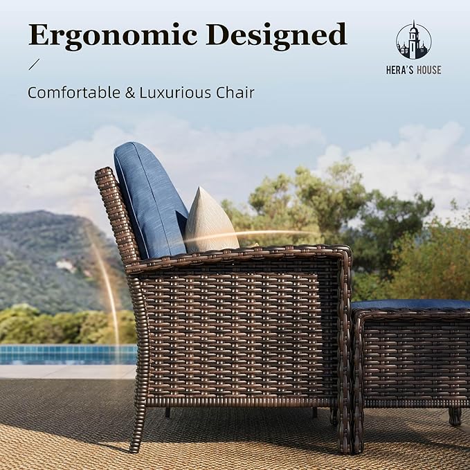 HERA'S HOUSE Outdoor Wicker Swivel Chairs with 5.5" Thick Cushions, 35" High Back Patio Chairs Set of 2, Deck Balcony Backyard Furniture, Navy Blue