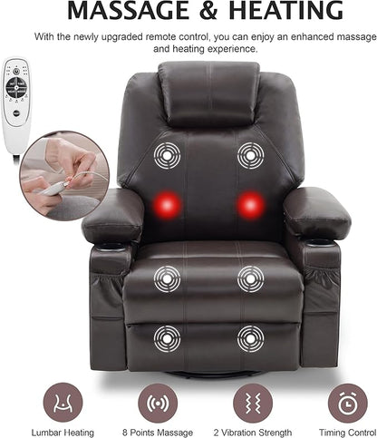 Oversized Swivel Rocker Recliner Sofa Chair with Heat and Massage, 360 Degree Swivel Single Sofa with Cup Holders and USB Port, Big Recliner Chair for Living Room(Leather, Chocolate Brown)
